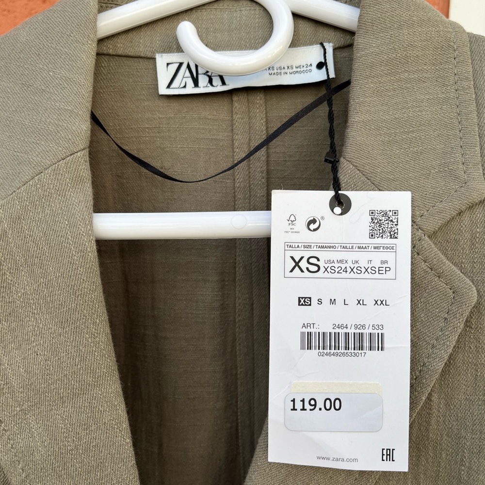 Zara Khaki Linen Blend Straight Cut Blazer Size XS - Picture 9 of 11